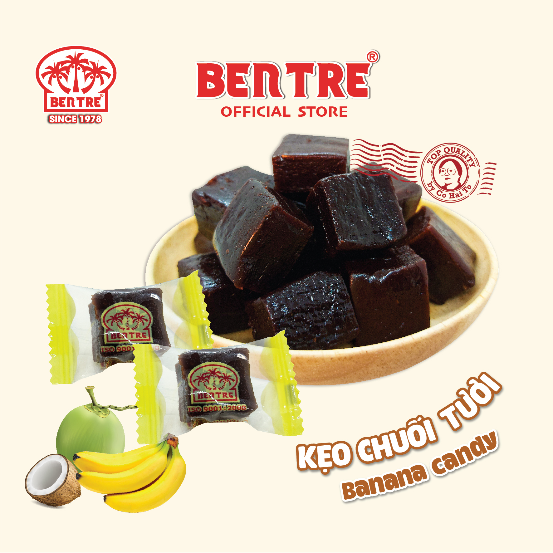Kẹo chuối tươi dẻo mềm hiệu bến tre túi 200gr & 500gr