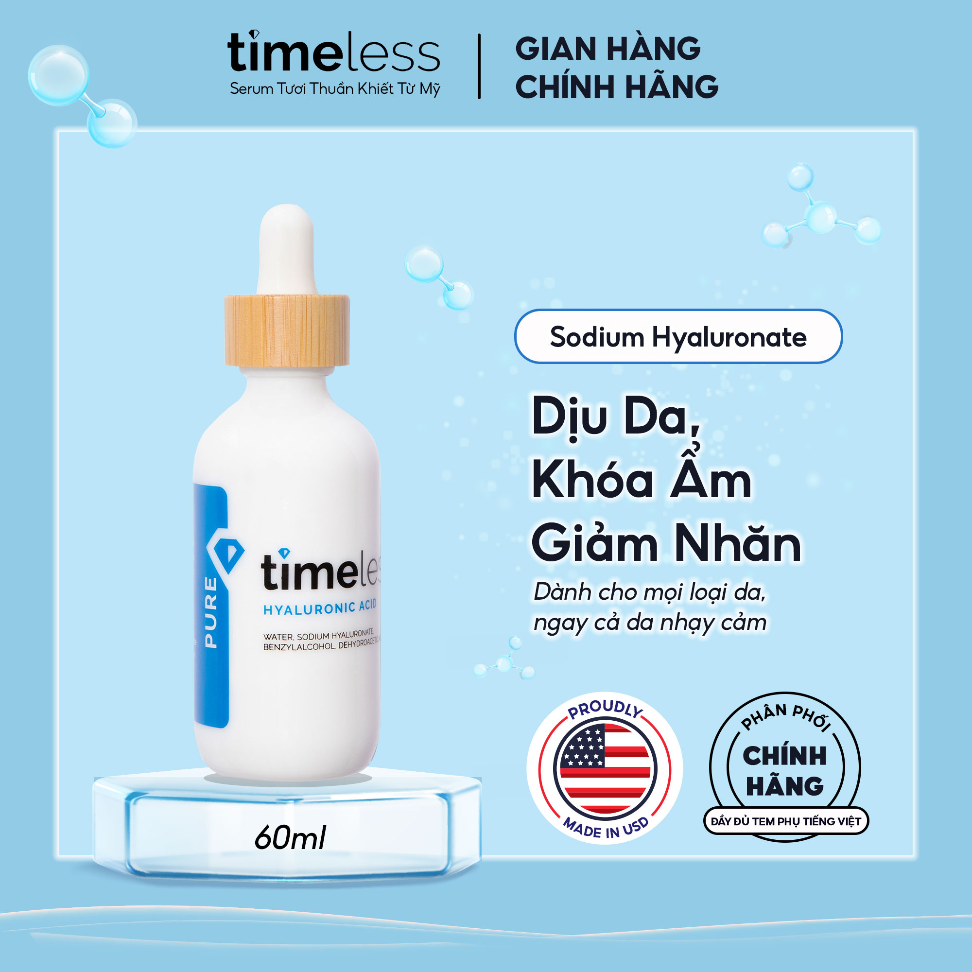 Serum Cấp Nước, Dưỡng Ẩm Da Timeless Hyaluronic Acid 100% Pure 60ml