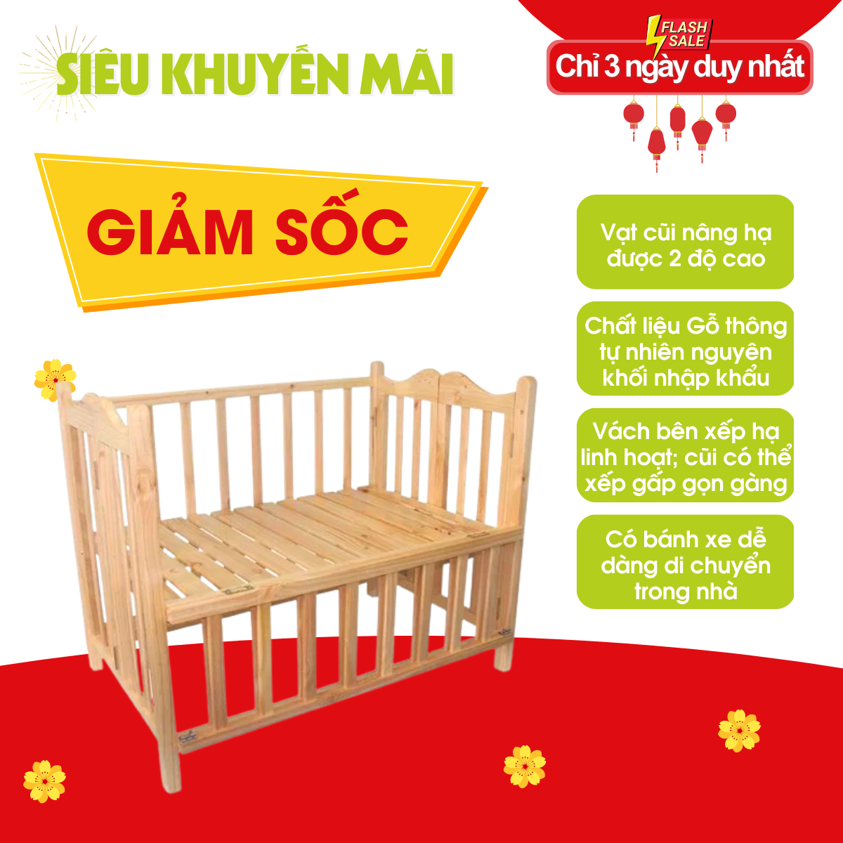 GIƯỜNG CŨI GỖ TRẺ EM VINANOI - VNC107 - HAI MÀU TRẮNG VÀ MÀU TỰ NHIÊN - GỖ THÔNG TỰ NHIÊN NHẬP KHẨU NGUYÊN KHỐI - CÓ BÁNH XE DI CHUYỂN TIỆN LỢI - DÙNG LÀM GIƯỜNG CHO BÉ SƠ SINH HOẶC CŨI CHO BÉ CHƠI