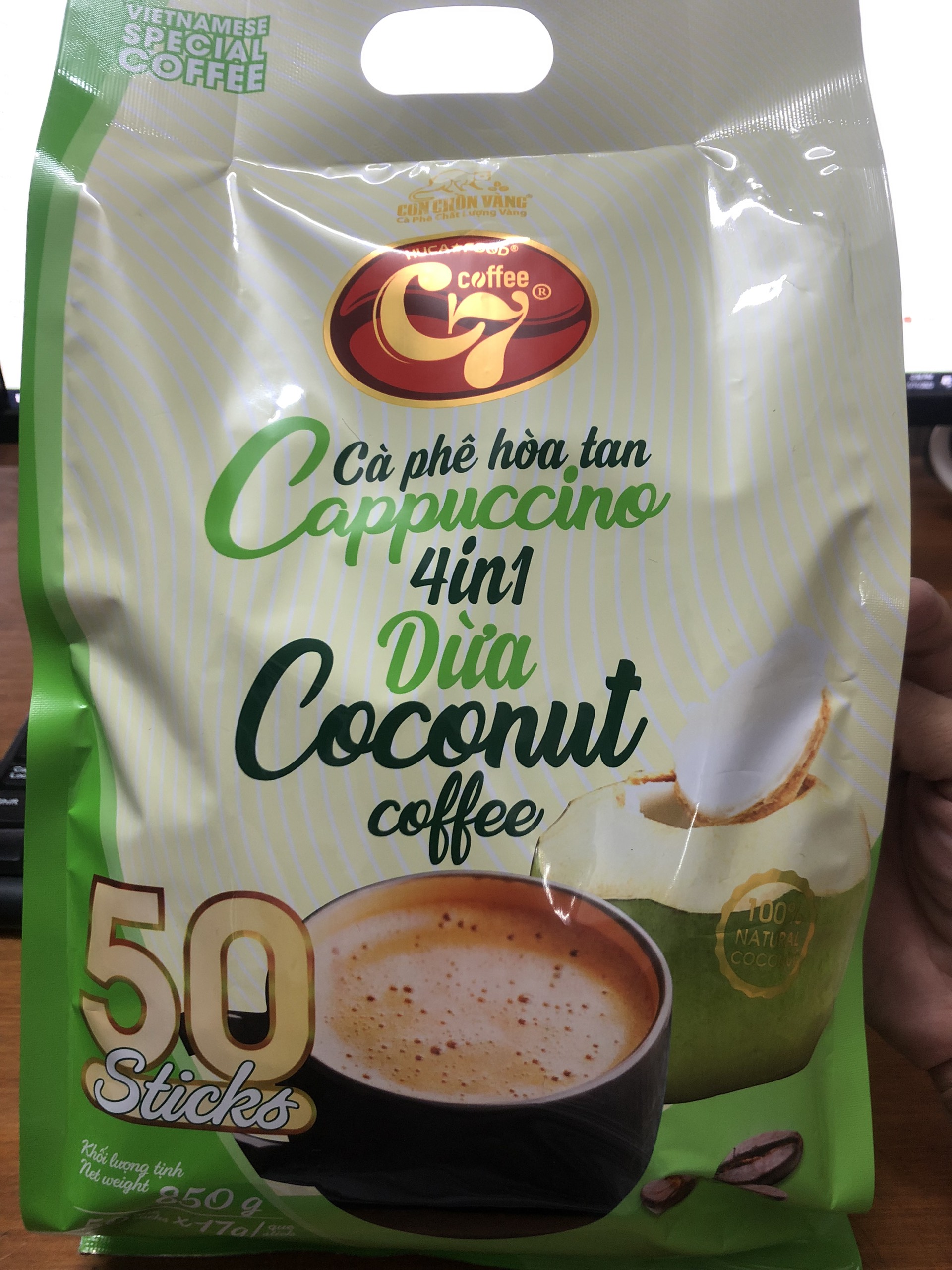 Cà phê dừa hòa tan cappuccino 4in1 con chồn vàng c7 - túi 50que x 17gr