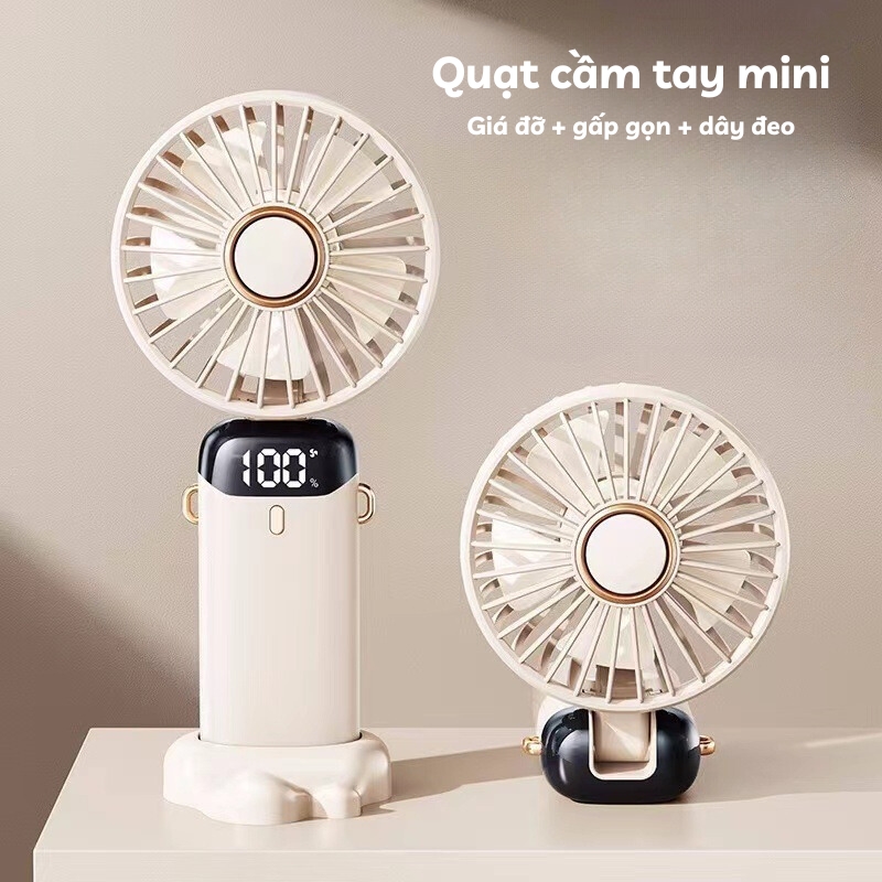 Quạt điện mini cầm tay 5 cấp độ gió, quạt điện mini tích hợp giá đỡ điện thoại, quạt mini sạc điện, quạt sạc điện, quạt tích điện pin trâu