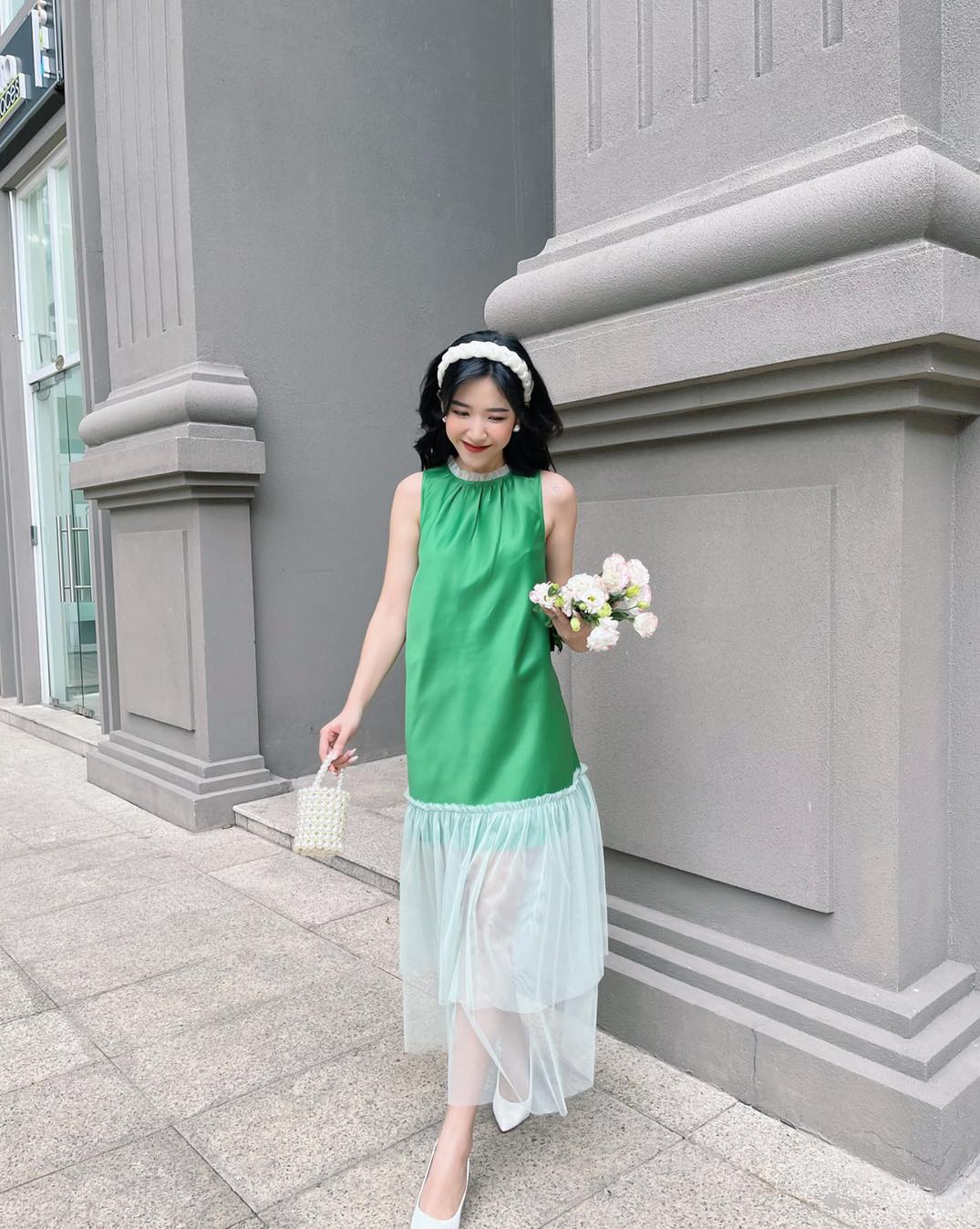 Ren by tee - đầm nhún cổ chân lưới hai tầng