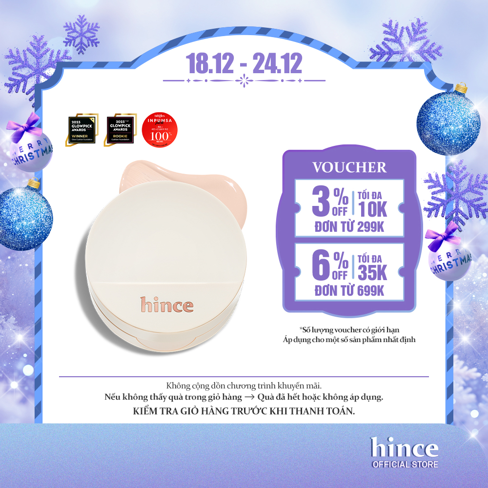Phấn nước căng bóng thuần chay SPF 50+ hince Second Skin Glow Cushion 12G