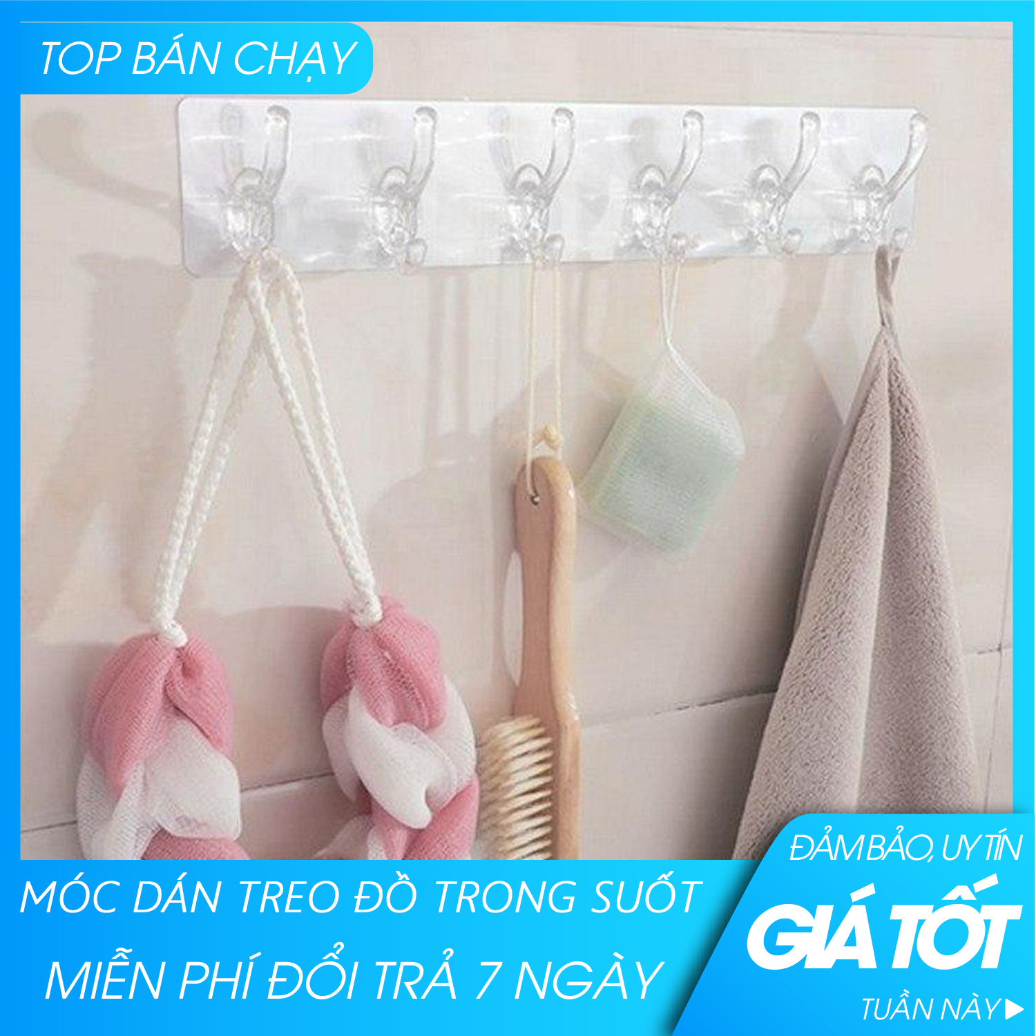 ( MẪU MỚI) - Móc dán trong suốt 6 móc - Kệ dán trong suốt - móc dán tường-móc treo quần áo, đồ dùng nhà bếp, nhà tắm, phòng ngủ, màu trắng trong suốt mang tính thẩm mỹ cao phù hợp với mọi không gian nội thất gia đình