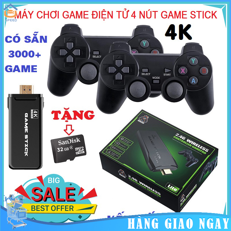 Game Stick 4k HDMI điện tử 4 nút máy chơi game cầm tay không dây,máy tính Tặng kèm thẻ nhớ TF 64Gb
