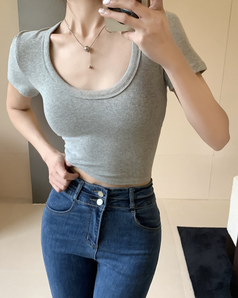 Áo thun gân croptop tay ngắn cổ u hàng Quảng Châu trơn BS48