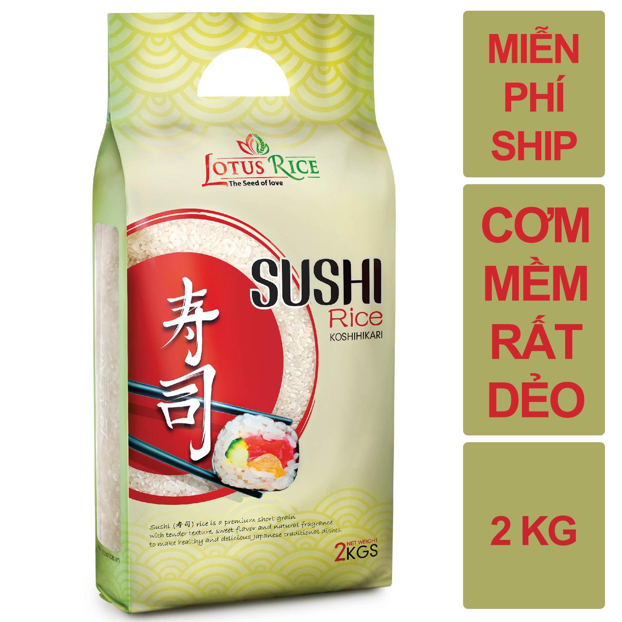 Gạo Nhật Sushi ngọt cơm rất dẻo Lotus Rice 2kg -Chuẩn nhà hàng Nhật - Đạt nhiều chứng nhận an toàn thực phẩm quốc tế