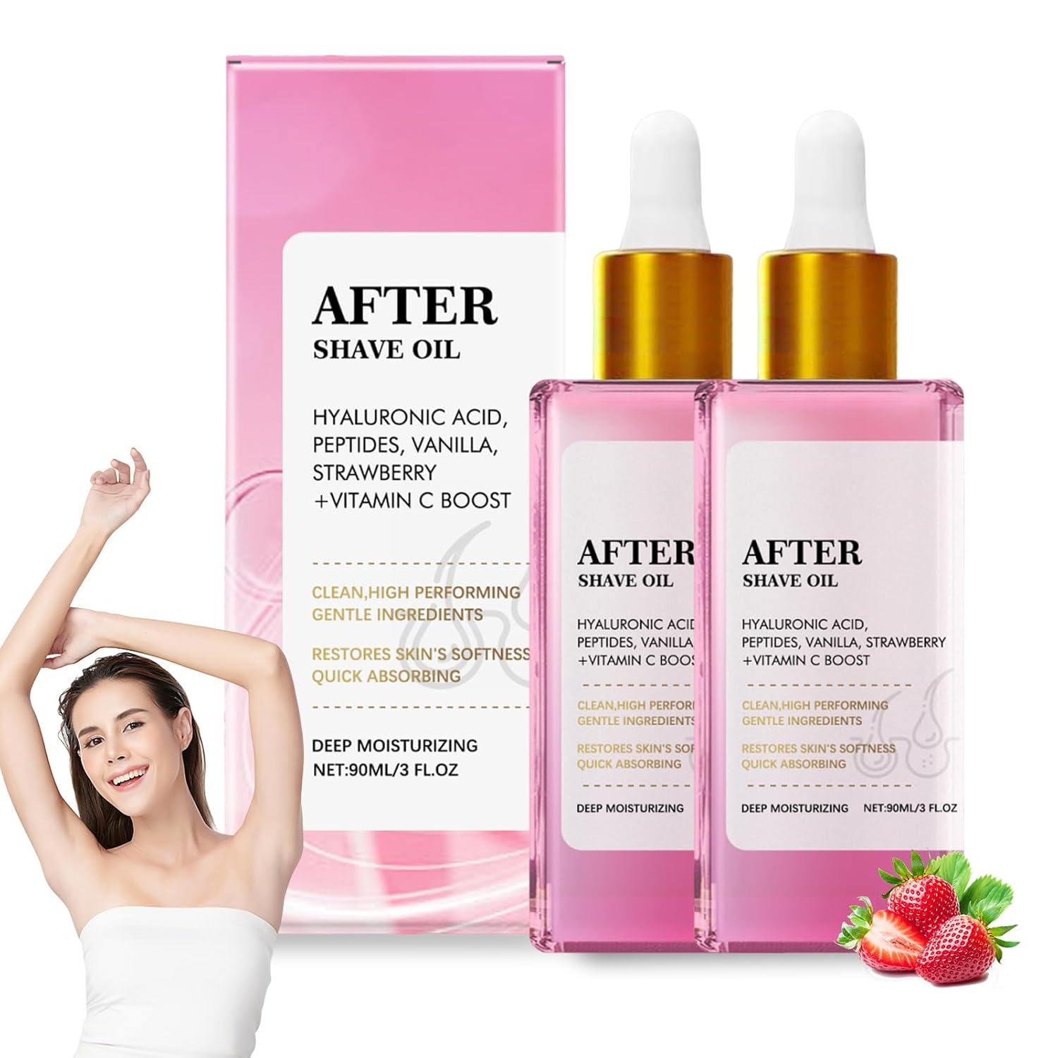 Dầu dưỡng sau cạo râu - Hương dâu tây & vani, Dầu dưỡng sau cạo râu hương dâu tây vani dành cho nữ, Dầu dưỡng sau cạo râu đầu xuân giúp da mịn màng, ngăn ngừa lông mọc ngược, không gây kích ứng (2 chai)