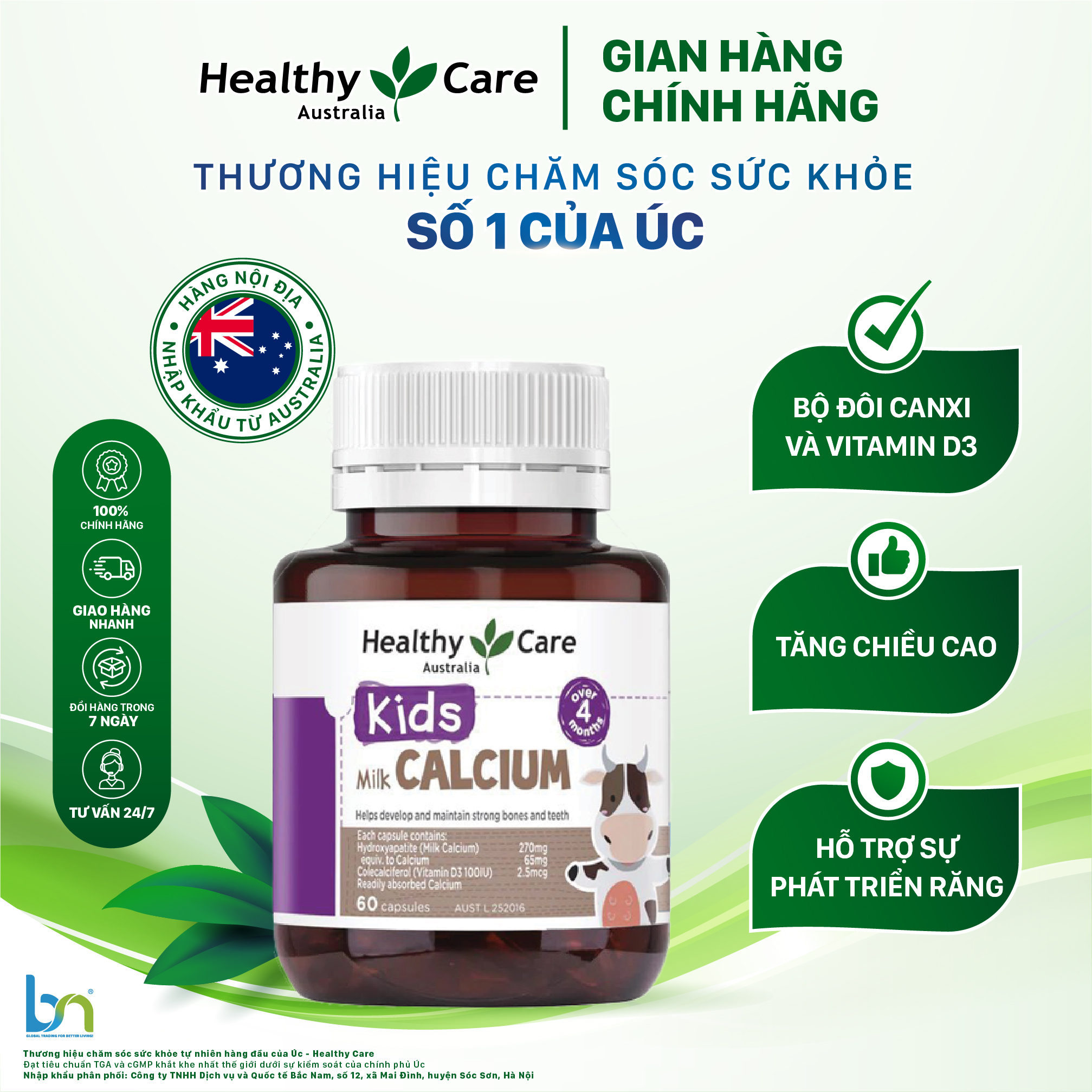 Viên uống canxi sữa cho bé Healthy Care Kids Milk Calcium, hộp 60 viên
