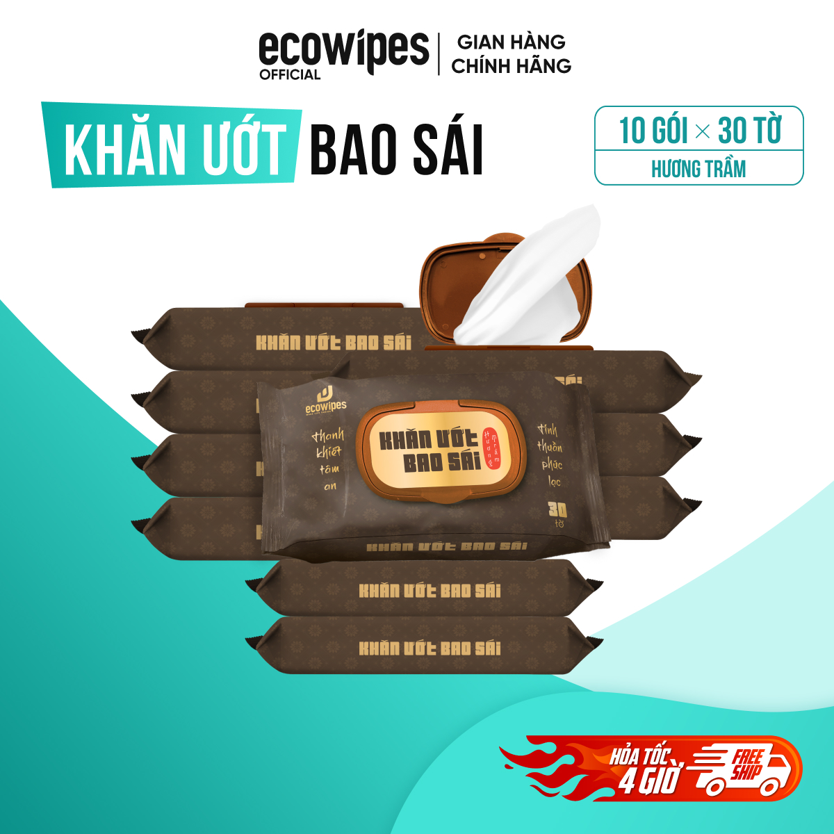Combo 10 gói khăn ướt bao sái lau bàn thờ EcoWipes 30 tờ/gói Hương Trầm