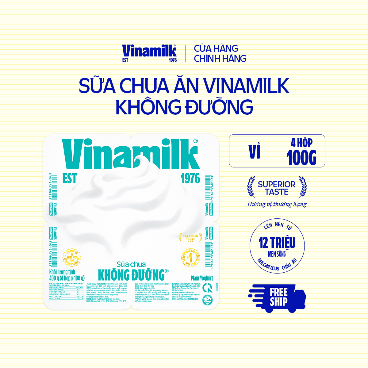 [CHỌN VỊ] Combo 4 vỉ Sữa chua ăn Vinamilk không đường 100g Yaourt - 4 Vỉ 16 Hộp 100g