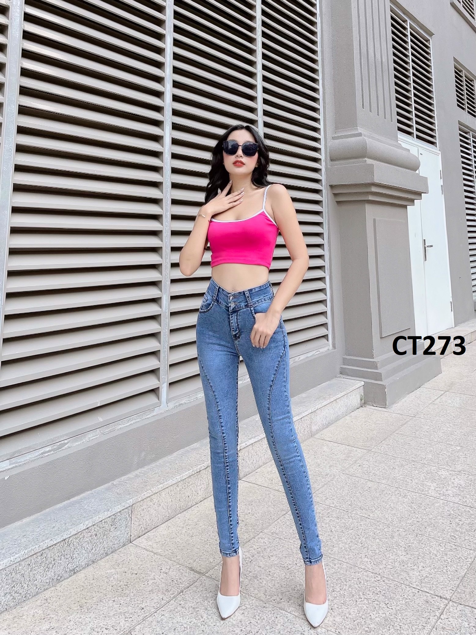 Quần jean nữ skinny gân chéo trước chất co giãn dễ mặc không kén dáng