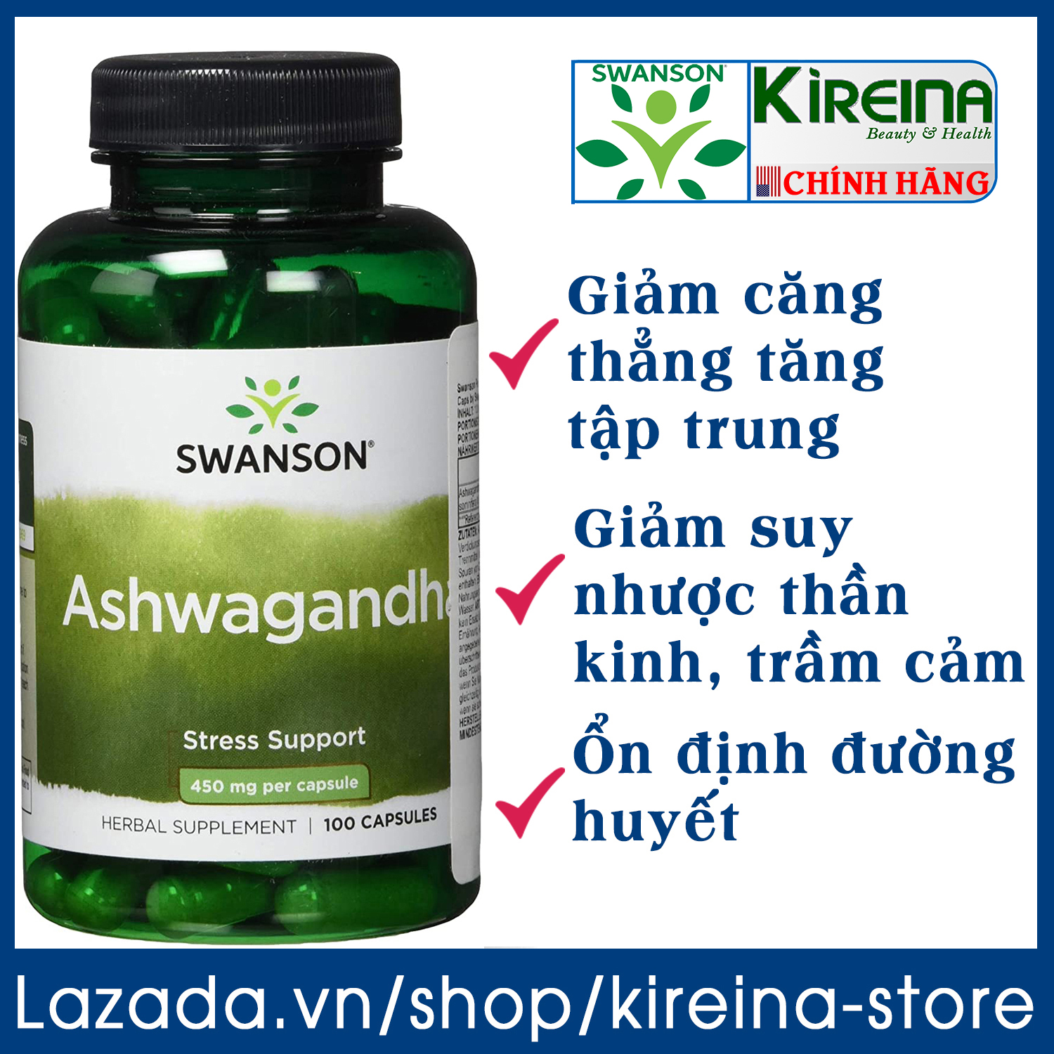 Viên uống sâm Ấn Độ giảm căng thẳng hỗ trợ tuyến Giáp tuyến Thượng thận Swanson Ashwagandha 450 mg100 viên