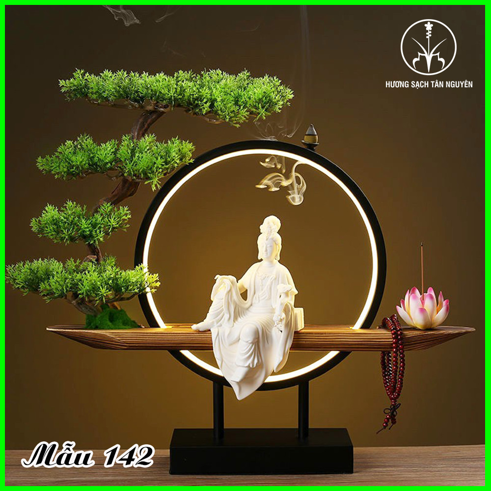 Thác khói trầm hương Tân Nguyên, tượng Phật Quan Âm, thác đèn led, tượng chạm khắc tinh xảo hàng cao cấp TK142