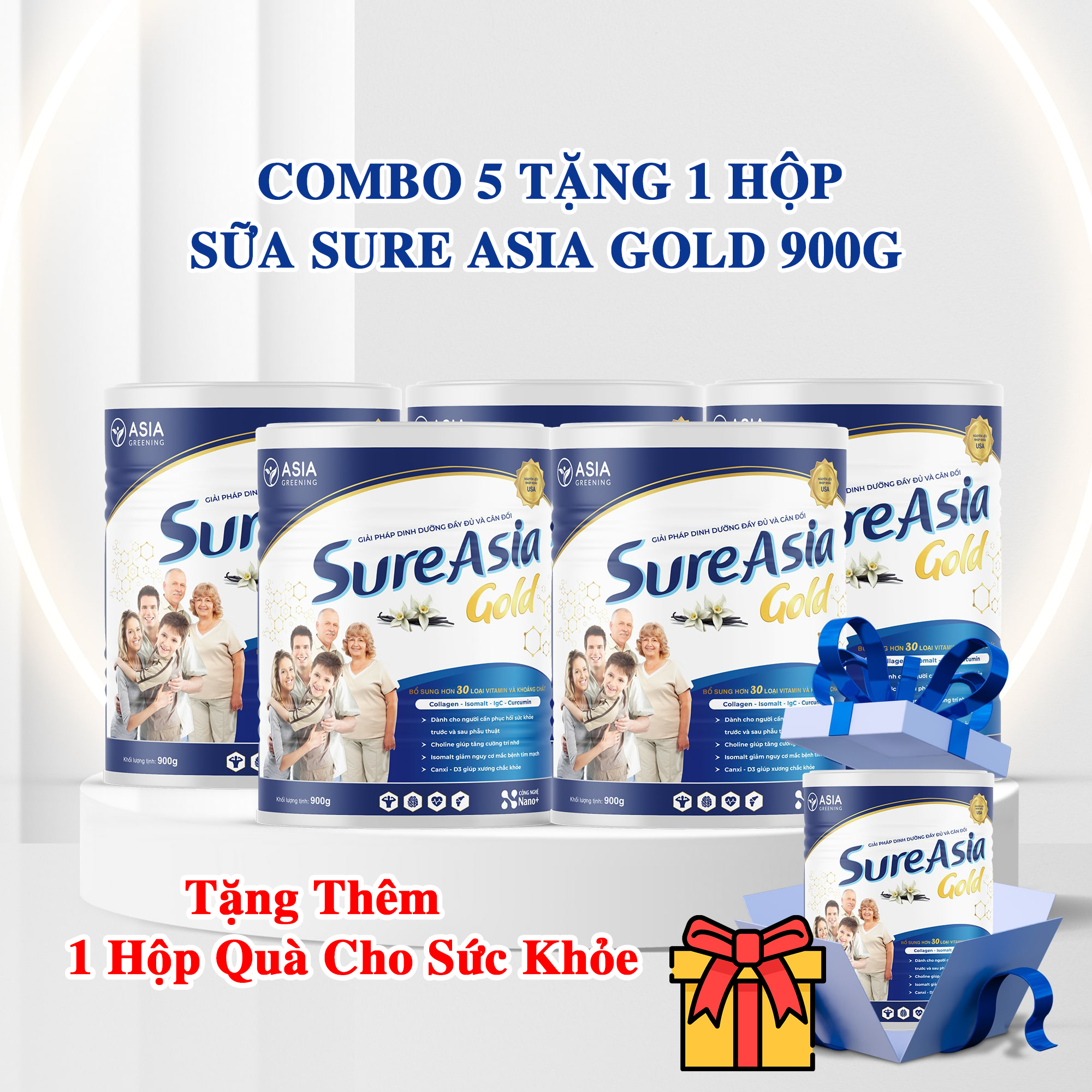 Combo 5 Tặng 1 Hộp Sữa Sure Asia Gold HCN 900gr. Tặng Kèm 1 Hộp Quà Cho Sức Khỏe