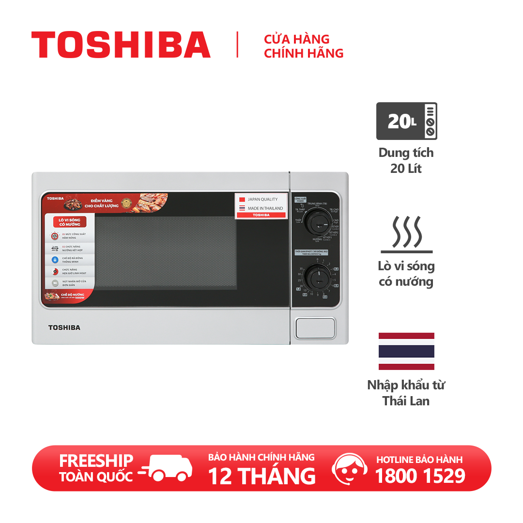 Lò vi sóng Toshiba ER-SGM20(S1)VN - Có chức năng nướng - Dung tích 20L - Công suất 800W - Xuất xứ Thái Lan - Hàng chính hãng, bảo hành 12 tháng, chất lượng Nhật Bản
