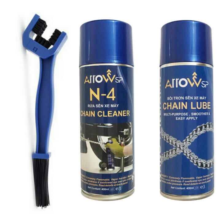 Chai Xịt Rửa Và Bảo Dưỡng Sên Xe Máy Đa Năng ArrowSP N-4 Chain Cleaner Và ArrowSP Chain Lube (400ml) + Tặng Bàn Chải Vệ Sinh Sên Khi Mua COMBO
