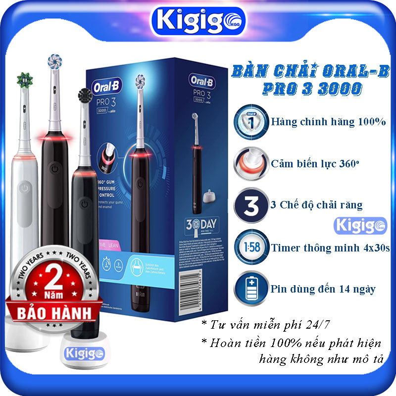 Bàn chải điện Oral B Pro 3 3000 - Bàn chải đánh răng điện Oral B chính hãng - Máy đánh răng tự động cho bé và người lớn KIGIGO
