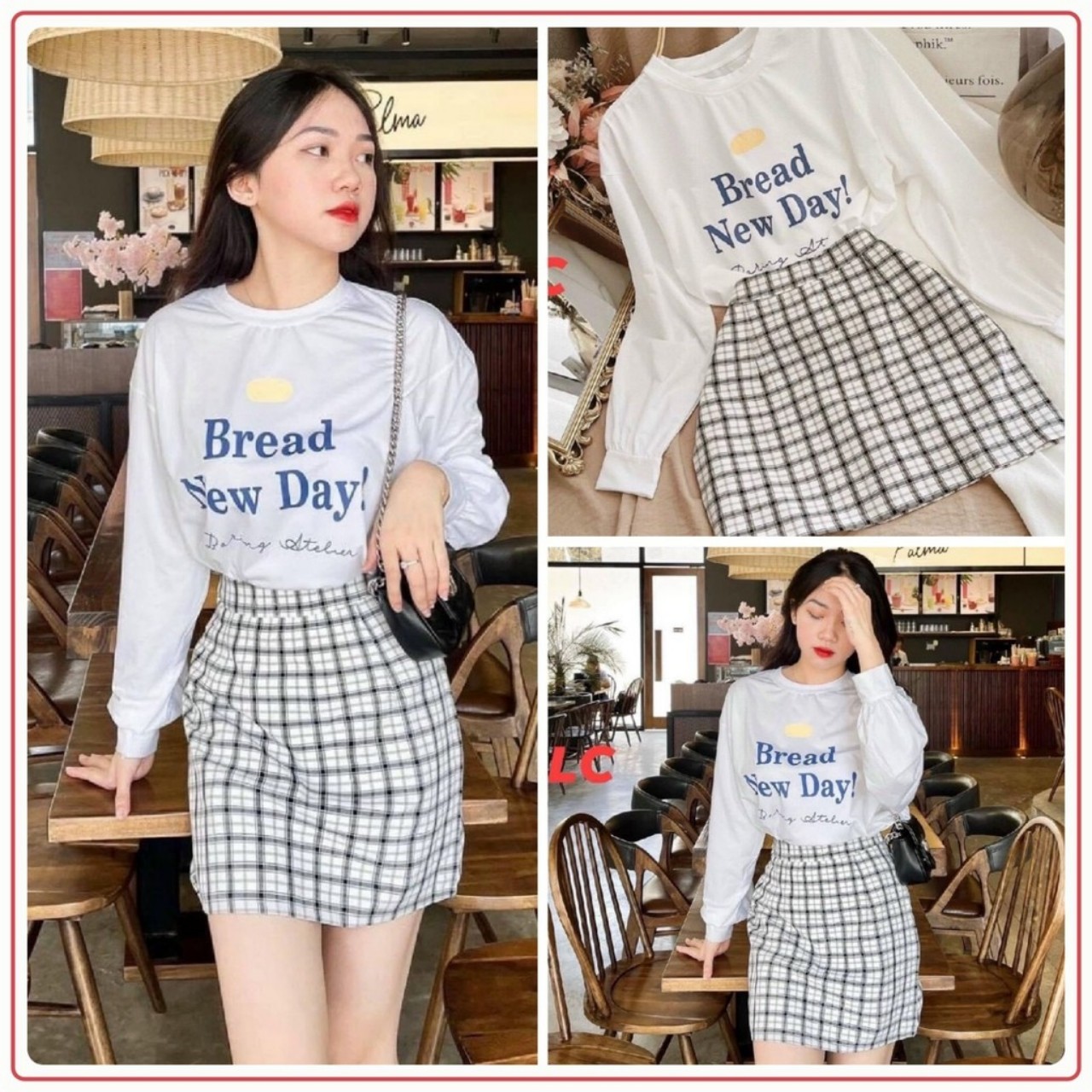 Set áo dài tay in chữ mix chân váy kẻ caro AD05
