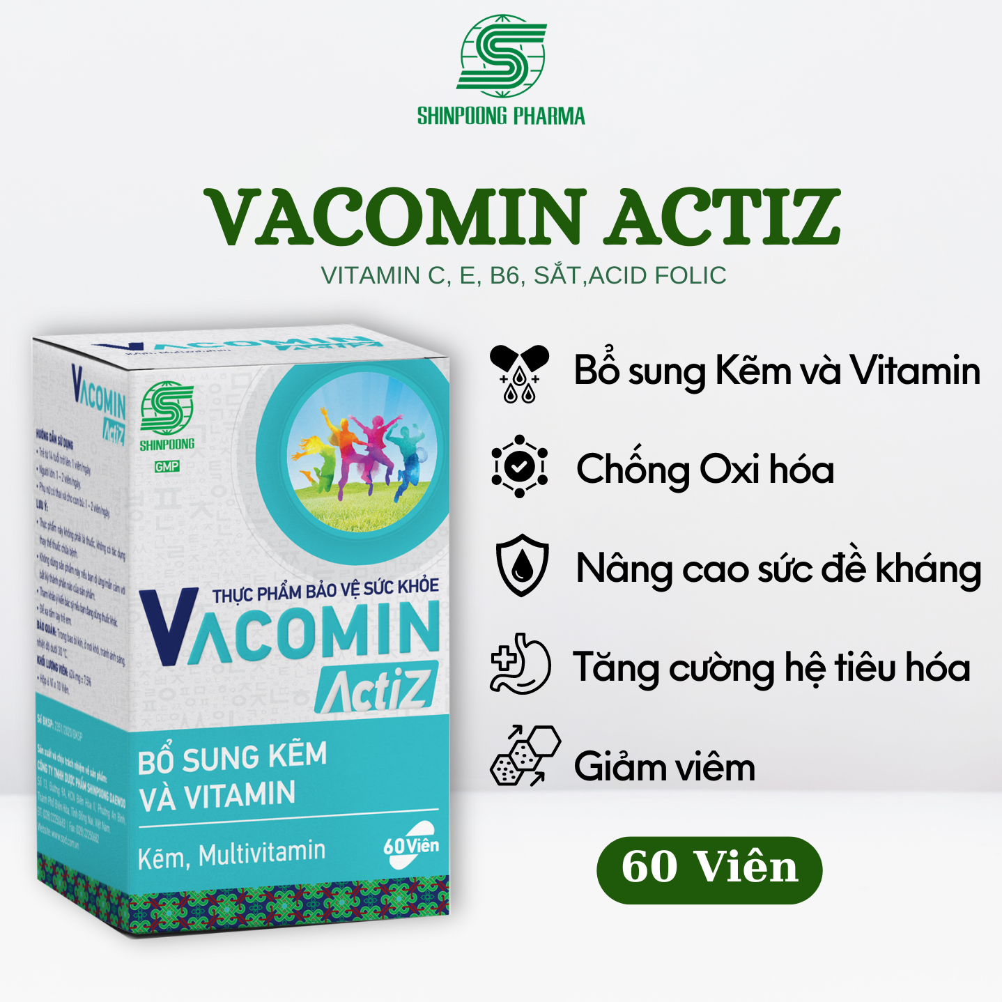(Hộp 60V) Viên Uống VACOMIN ACTIZ Vitamin Tổng Hợp Và Kẽm Hữu Cơ Bổ Sung Vitamin Nhóm B, E, C và Kẽm - SHINPOONG PHARMA