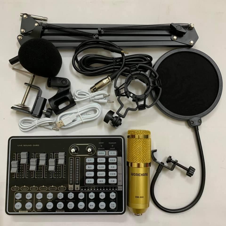 BỘ COMBO THU ÂM míc hát karaoke livestream online micro WOAICHANG BM-900 CARD H9 BLUETOOTH THẾ HỆ MỚI 21 HIỆU ỨNG chân kẹp màng lọc BH 6 tháng đổi mới