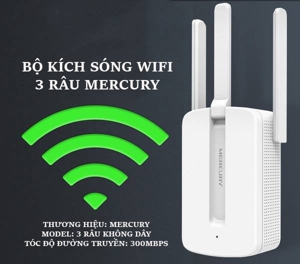 Kích wifi Mercury 3 râu - Bộ Kích Sóng WiFi Mercury - Thiết Bị Mở Rộng WiFi Mercury MW310RE 300Mbps, Chuẩn Wifi: IEEE 802.11b/g/n, 3 Râu WiFi 3*3 DBI Antenna 2.4GHZ Giúp Tăng Khả Năng Phát Sóng Xuyên Tường