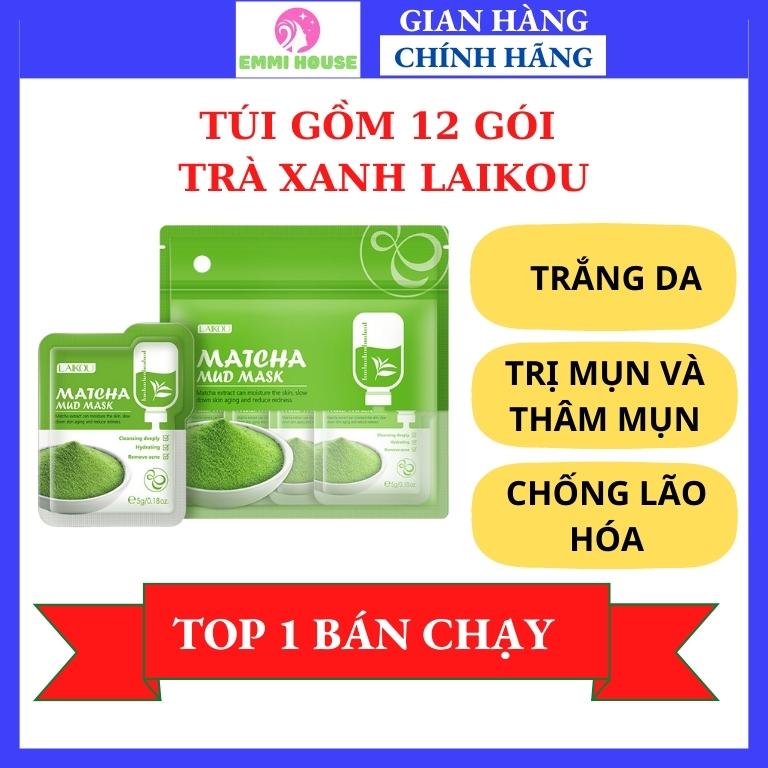 Combo 12 gói Mặt Nạ Đắp Trà Xanh Matcha Mud Mask LAIKOU - Thu Nhỏ Lỗ Chân Lông, Làm Trắng Da, Loại Bỏ Mụn Đầu Đen, Chăm Sóc Da