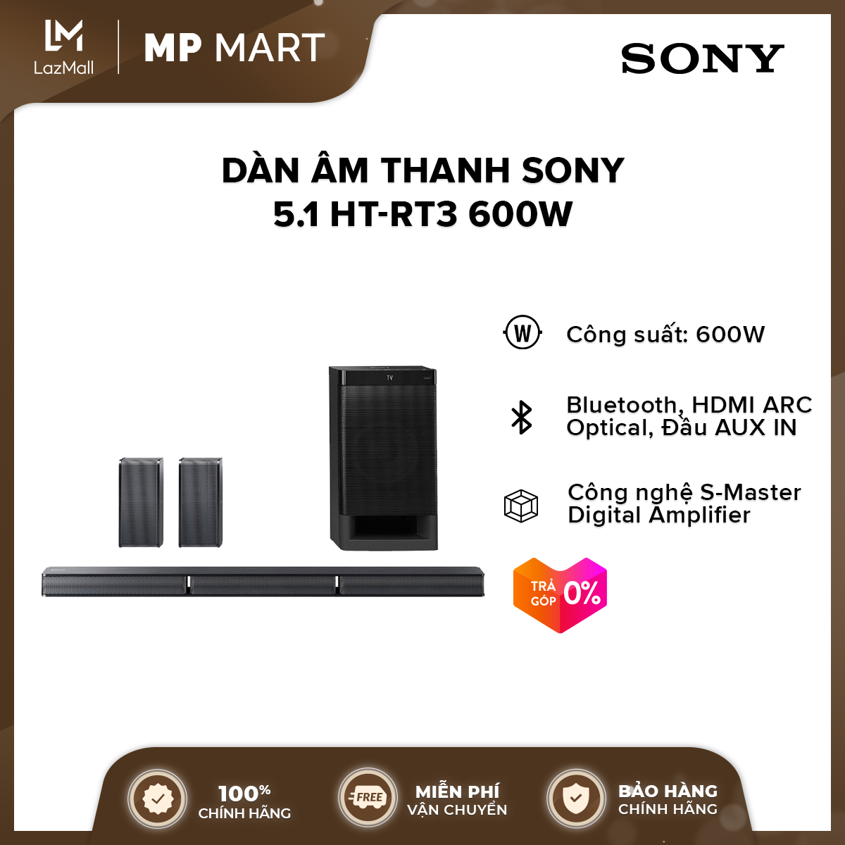 Dàn âm thanh Sony 5.1 HT-RT3 600W | TRẢ GÓP 0% | FREESHIP