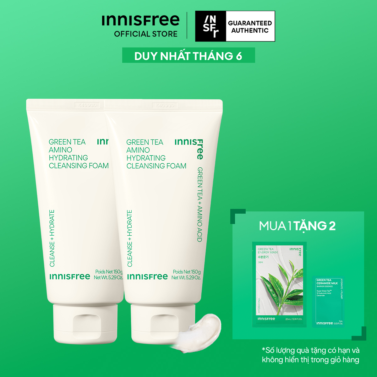 Bộ 2 Sữa rửa mặt làm sạch và cấp ẩm từ trà xanh INNISFREE Green Tea Hydramino Cleansing Foam 150g*2