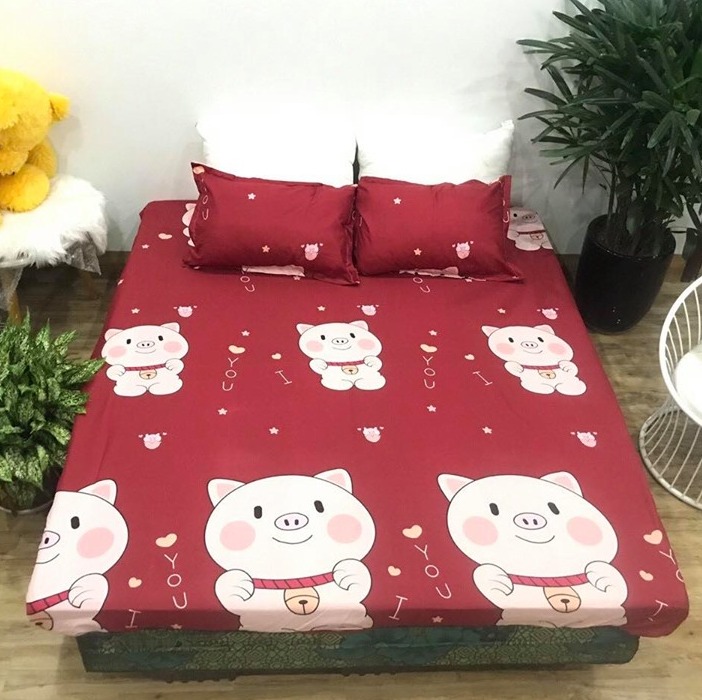 Bộ Ga Chun Kèm 2 Vỏ Gối Hình HEO ĐỎ , Chất Liệu Thoáng Mát Bền Đẹp , Tiệm Nhà Cá