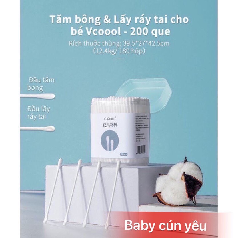 Tăm bông trẻ em Vcool kháng khuẩn ( hộp 200 que lõi giấy) cho bé sơ sinh ngoáy tai, mũi hanhdecal