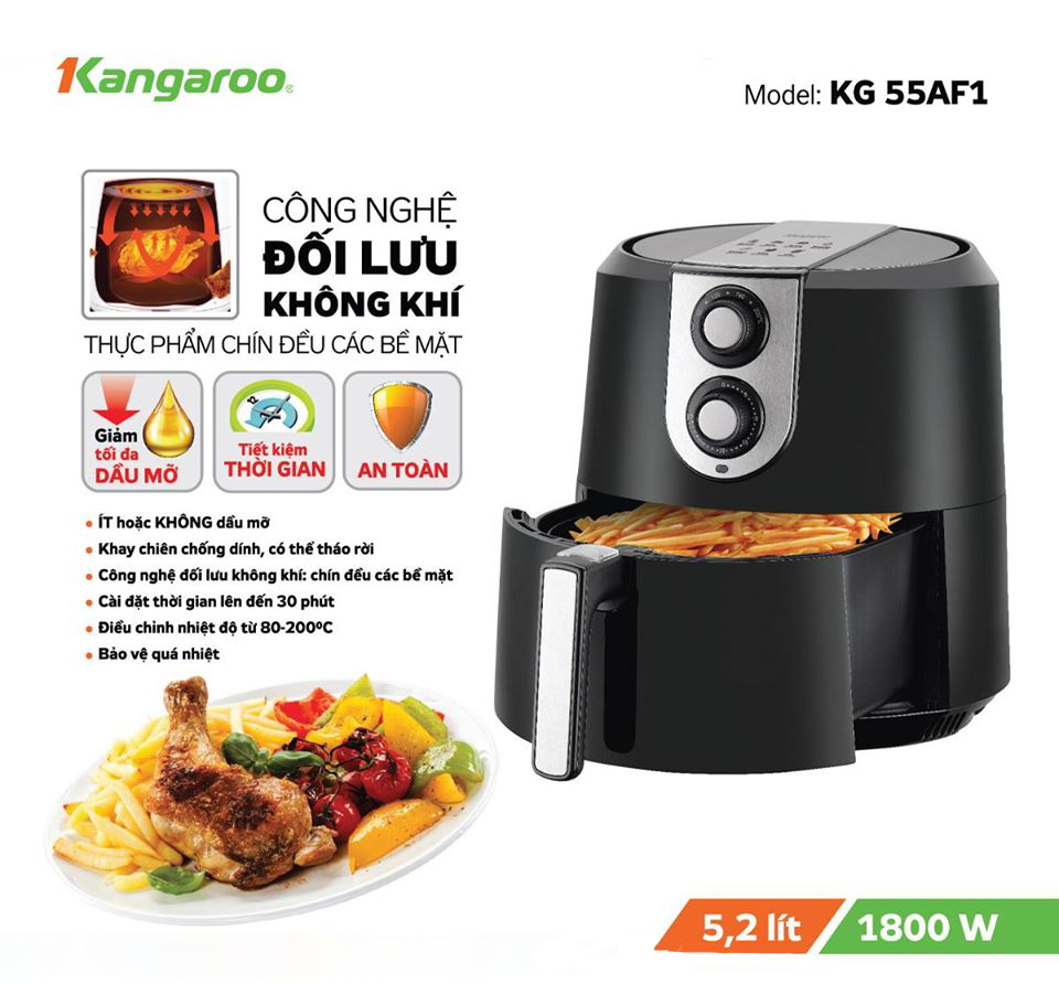 [BH toàn quốc] Nồi chiên không dầu Kangaroo KG55AF1 5.2 lít | Nồi chiên không khí | Bếp chiên không khí