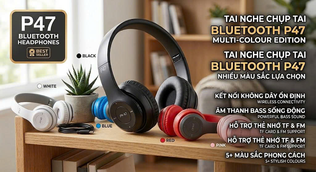 Tai Nghe Bluetooth Chụp Tai P47 Không Dây Gập Gọn Âm Thanh Stereo Pin Lâu Nhiều Màu Sắc