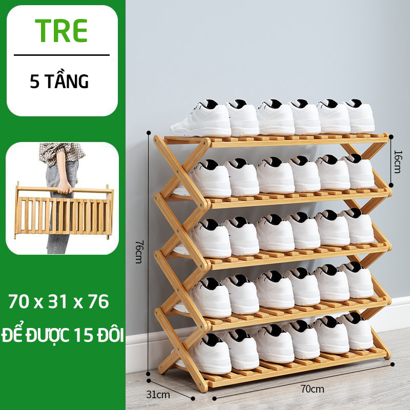 Kệ giày dép nhiều tầng gỗ tre, giá để giày gấp xếp gọn nhẹ, không cần lắp ráp để đôi giày người lớn sang trọng cho gia đình, nhà trọ, chung cư, kí túc xá-HL137-KDG