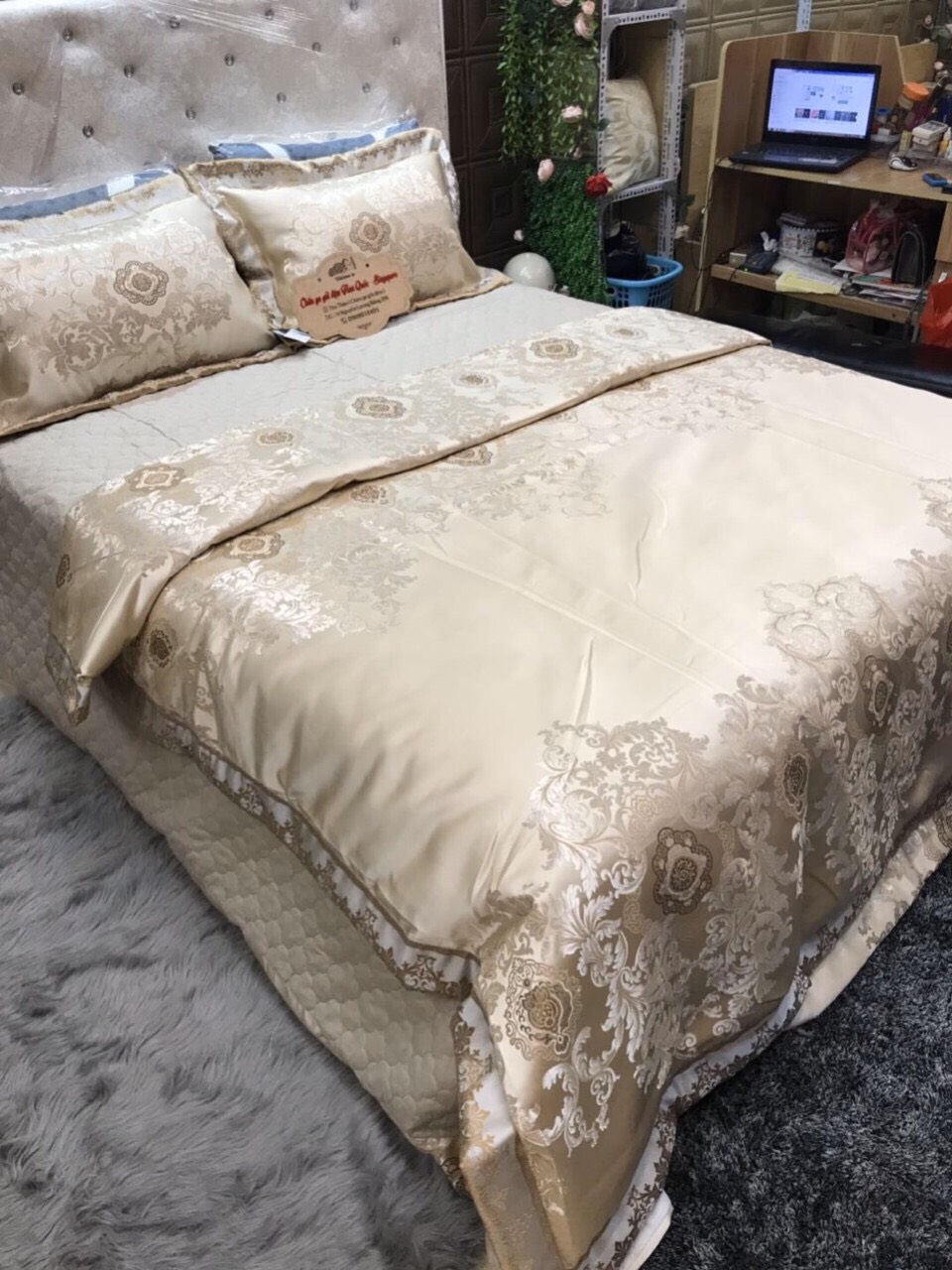 Bộ chăn ga gối 5 món gấm lụa hoàng gia cao cấp
