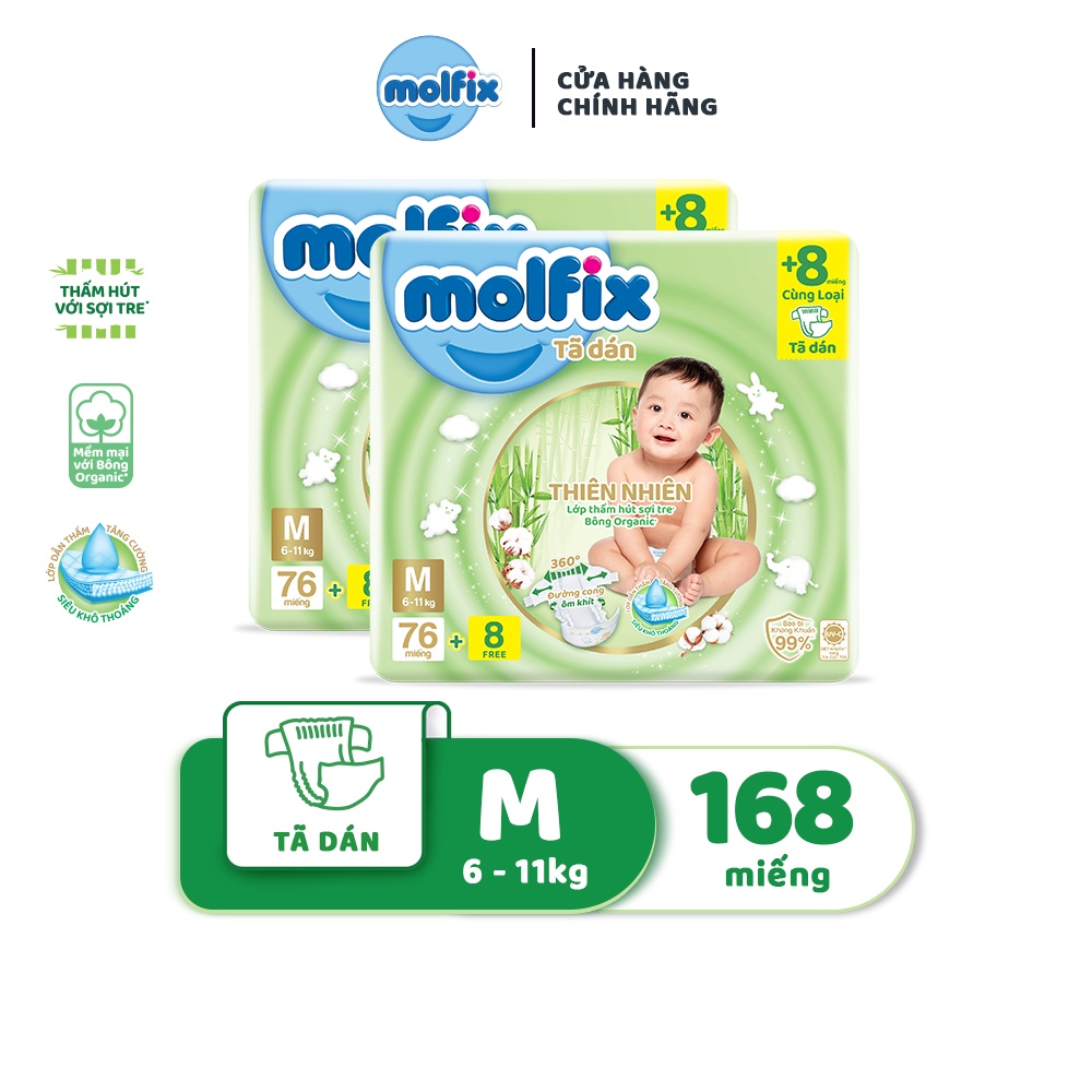 Combo 2 Tã/bỉm dán Moflix Thiên nhiên Super Jumbo M  - 2 Gói, 168 miếng