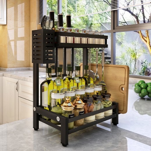 Kệ gia vị 2 tầng đa năng TẶNG KÈM giá dao thớt và hộp đựng đũa thìa tiện ích sơn tĩnh điện chất liệu Thép cao cấp
