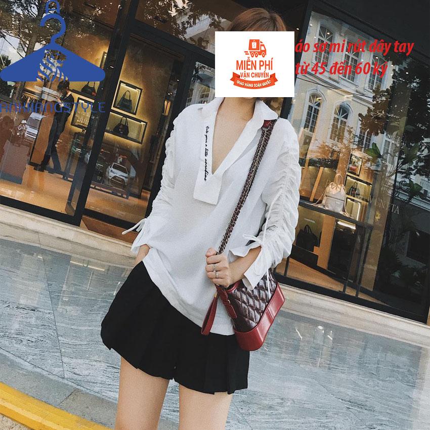 Áo tdxl theu chữ cổ v tay rút dây áo sơ mi áo sơ mi nữ áo sơ mi tay rút sơ mi kiểu ankhangphuquy