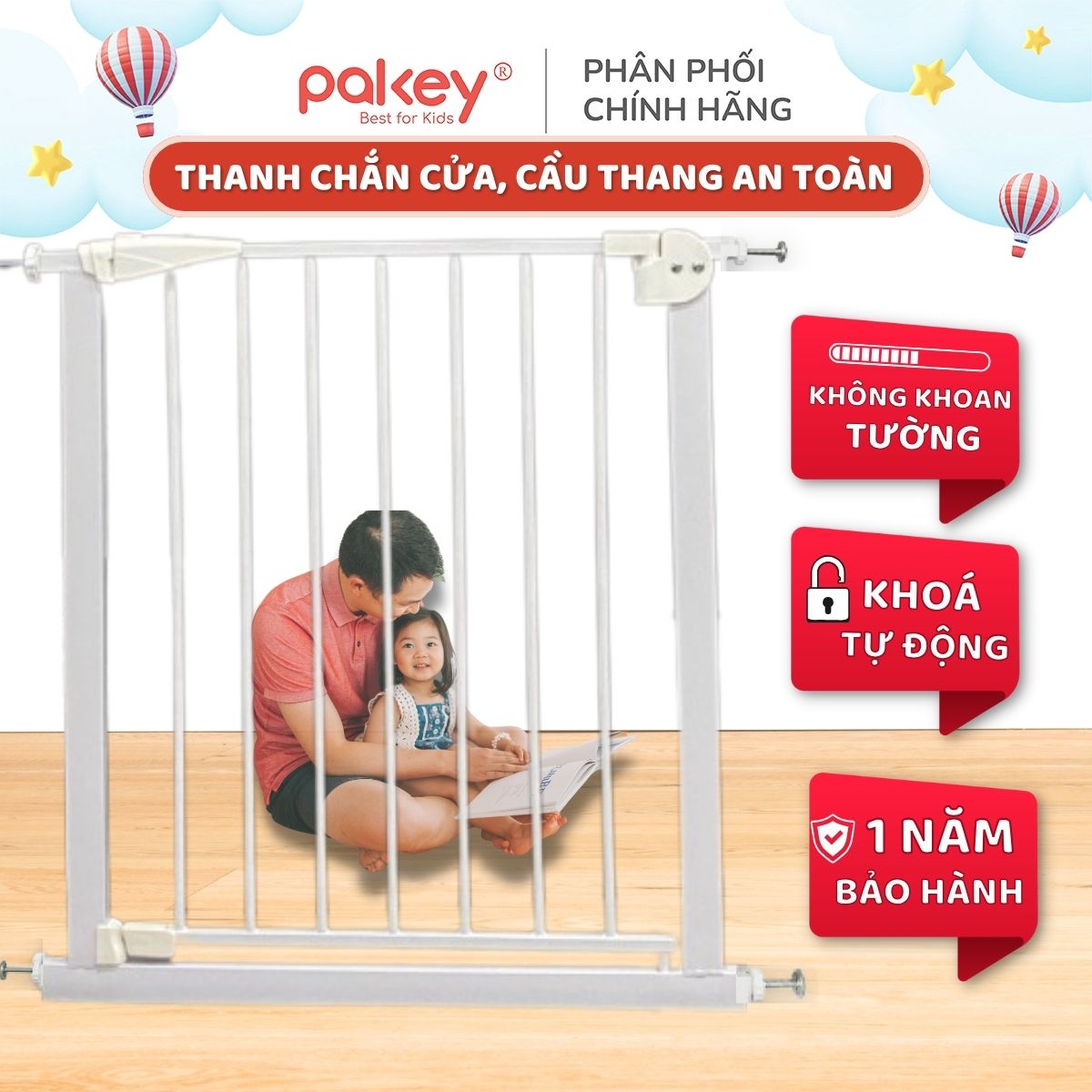 Thanh chắn cửa Pakey KHÔNG KHOAN ĐỤC nâng cấp tự động đóng, thanh chắn cầu thang chính hãng cao cấp