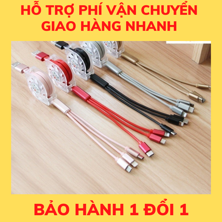 Dây sạc 3 đầu dây rút cáp sạc 3 đầu dây sạc điện thoại 3 đầu dây rút đa năng sạc nhanh