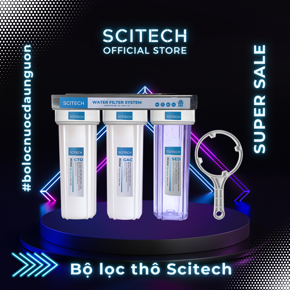 Bộ lọc nước sinh hoạt 10 inch Scitech (Bộ ba - Bộ lọc thô) - Scitech Store