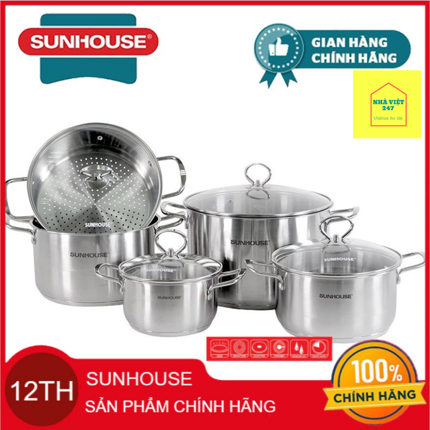 Bộ nồi inox 3 đáy 5 món sunhouse sh895 -sáng bóng ,bền đẹp,dùng được cho bếp từ đồ dùng nhà bếp,dụng cụ nấu ăn-xoong ,nồi- bảo hành 24 tháng
