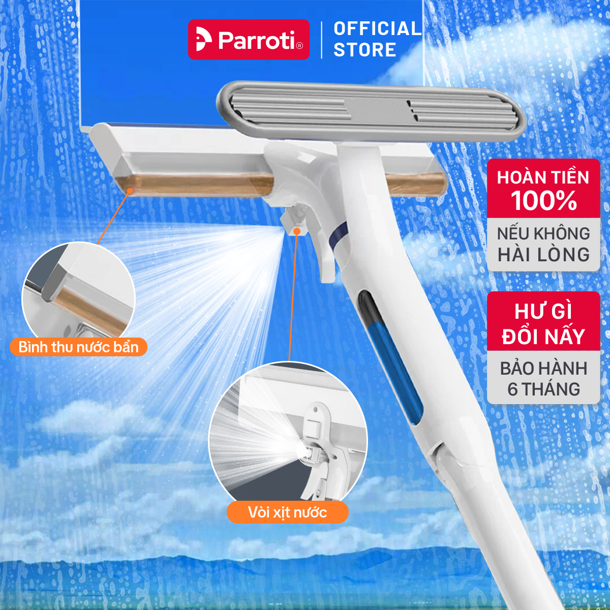 Cây Lau Kính Thông Minh 4 Trong 1, Có Phun Sương, Gạt Nước, Thu Nước Bẩn, Cán Nhôm Độ Dài Linh Hoạt Parroti Shiny SN04