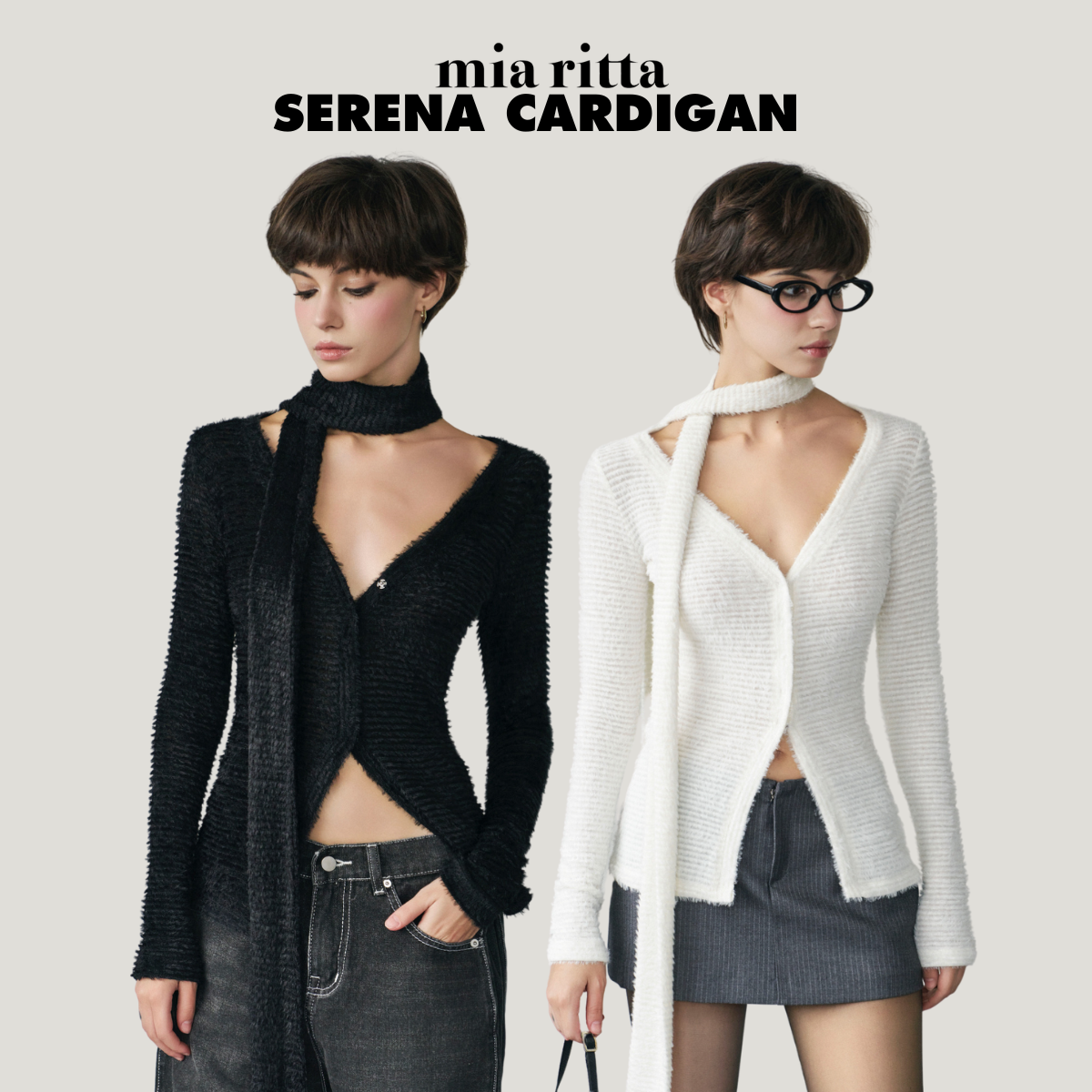 Áo khoác len Serena Cardigan Mia Riita A2185 - Áo khoác len lông cổ V kèm khăn - Áo len lông mịn dài tay