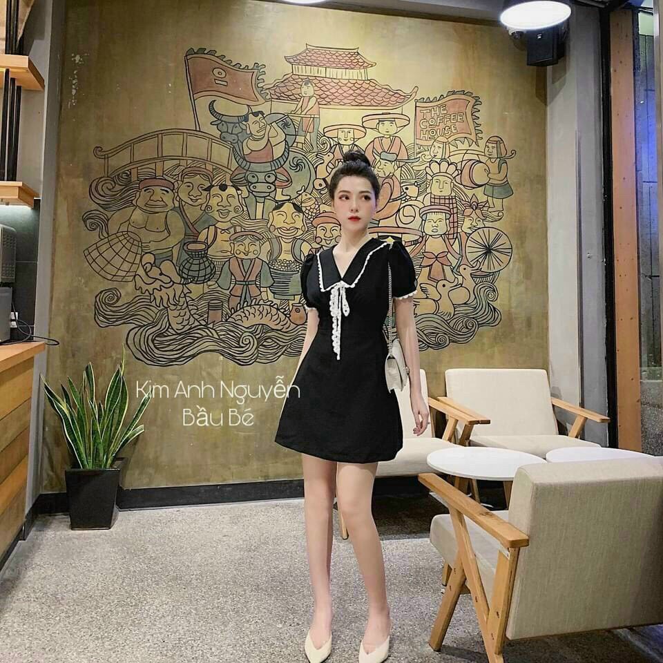 Váy đầm nữ màu đen cổ viền dễ thương dạo phố