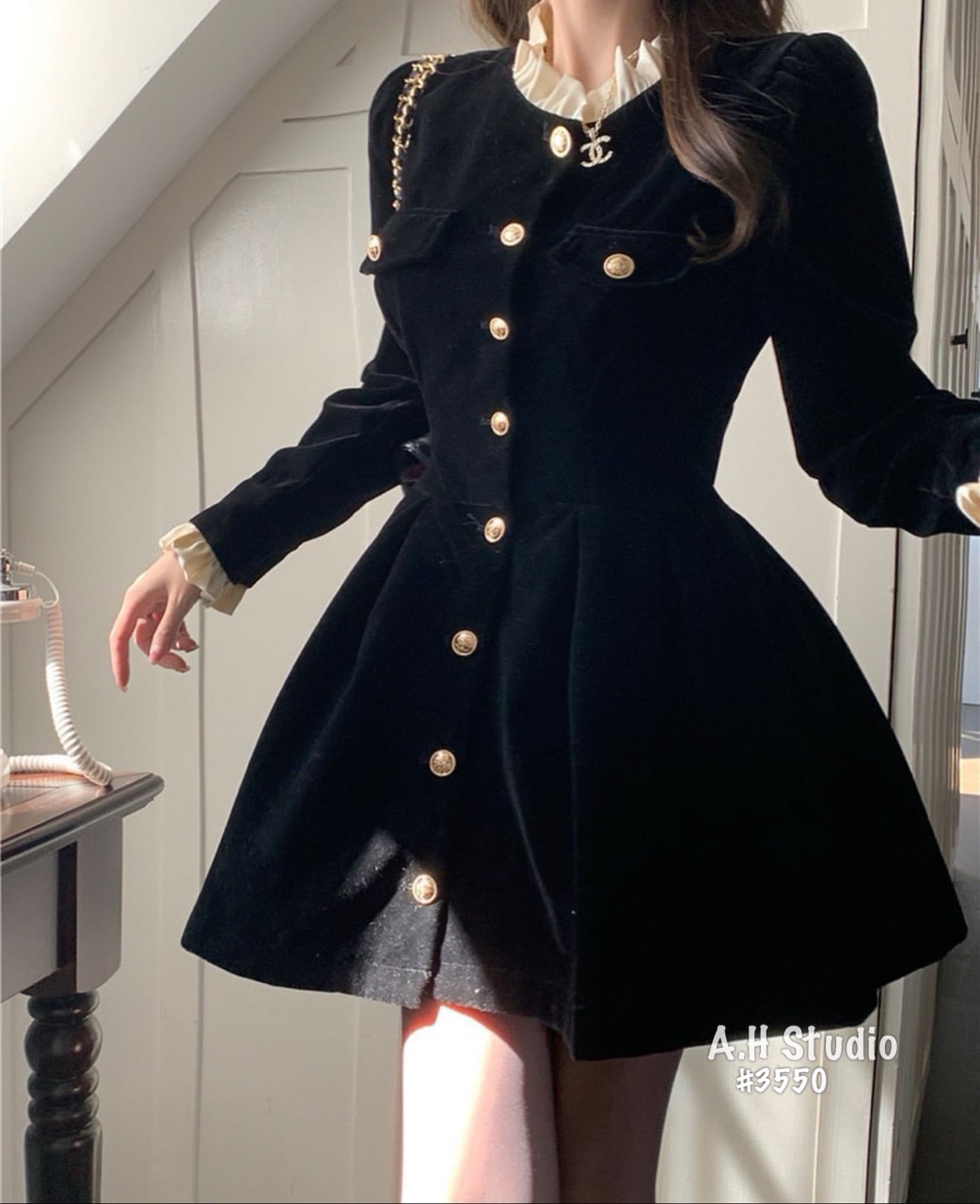 Váy nhung cổ bèo khuy đồng dáng ngắn 247StoreFashion - Vaynhungcobeo3550_P0K28