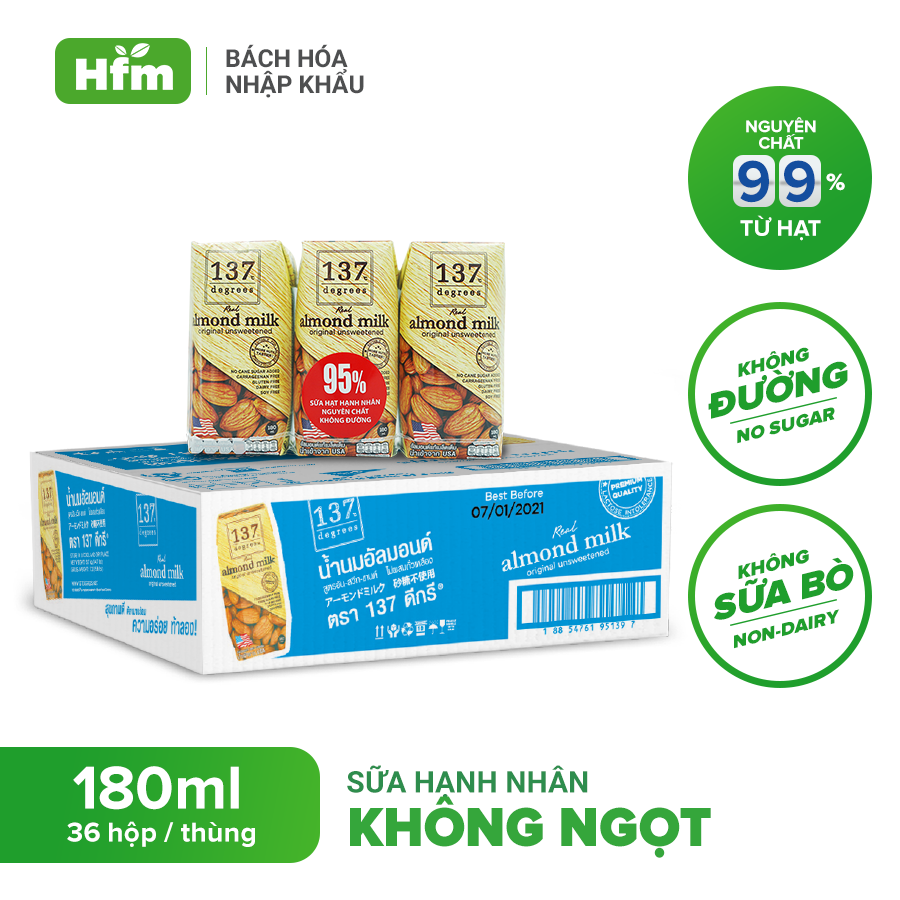 [MUA 1 THÙNG TẶNG 1 LỐC PETIT + 1 HỘP BỘT COLLAGEN] Thùng 36 hộp Sữa hạt Hạnh Nhân Không Ngọt137 DEGREES 180ml, thành phần 99% từ hạt tươi