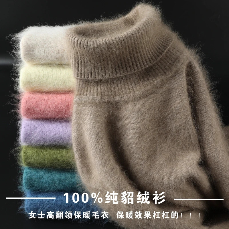 Mùa Thu Mùa Đông 100% Chồn Cashmere Áo Len Phụ Nữ Dệt Kim Áo Thun Dày Ấm Rắn Màu Cộng Với Kích Thước Cơ Sở Cao Ve Áo Quần Áo Tops