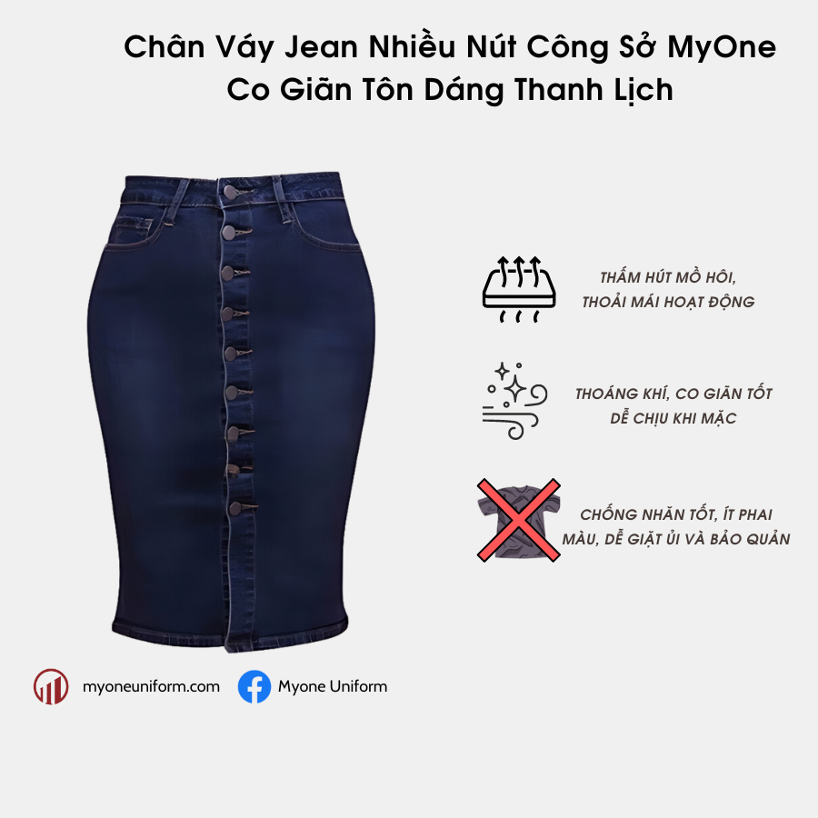 Chân váy jean nhiều nút công sở myone co giãn tôn dáng thanh lịch ms120084