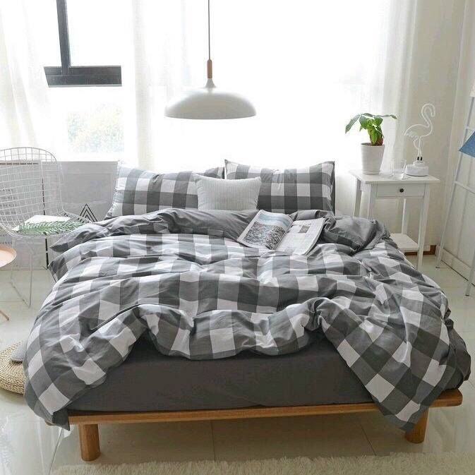 Bộ Chăn Ga Gối Cotton Poly - Kẻ Ô Xám ( 1 Drap + 2 Vỏ Gối Nằm + 1 Vỏ Chăn ) Tiệm Nhà Cá